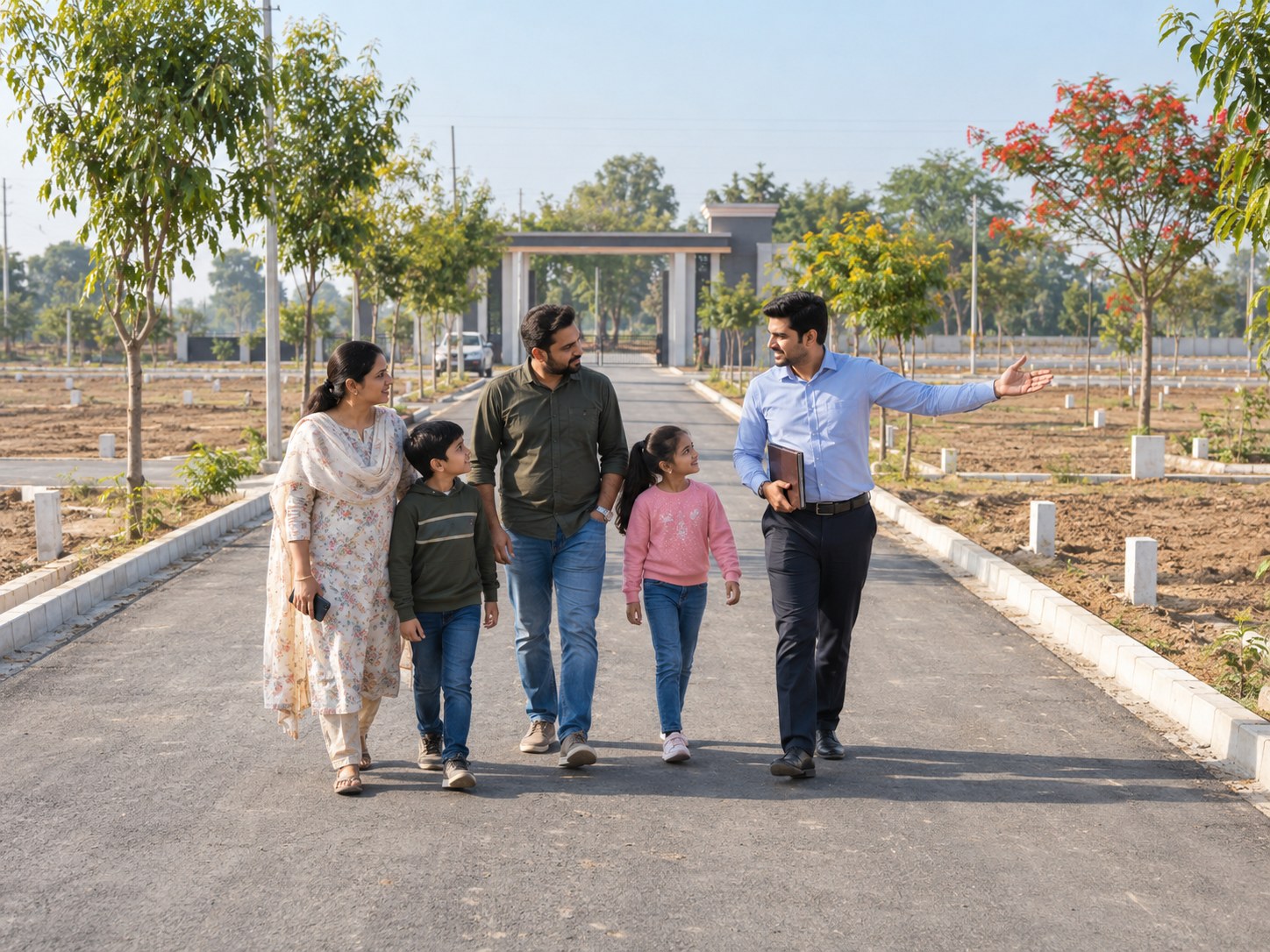 A family on a site visit with our team, representative image